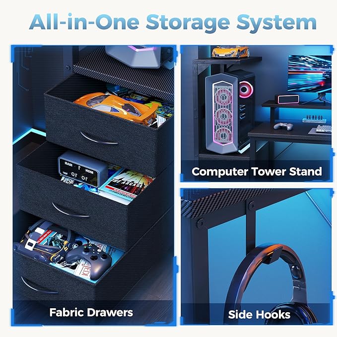 DUMOS L Shaped Gaming Desk with Shelves Storage Drawers 58'', Black Computer Desks with LED Lights Power Outlets, Office Wood Table with PC Stand Cable Management for Bedroom Dual Monitor Streaming