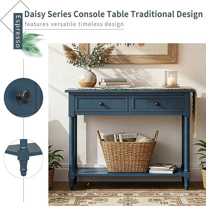 35.34" Console Table Traditional Design with Two Drawers and Bottom Shelf,Dark Navy