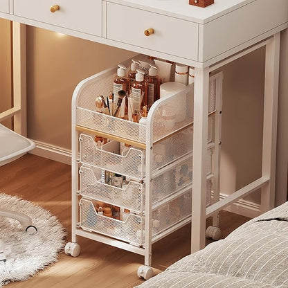Rolling Makeup Cart Organizer with 3 Drawers, Narrow Floor Skincare Organizers, Cosmetics Display Cases Vanity Organizer for Skin Care Nail Polish Perfume Makeup Brush, White