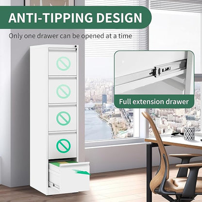 5 Drawer File Cabinet, Vertical File Cabinets with Lock for Home Office,Heavy Duty Office Steel Filing Cabinet for Hanging Letters/Legal/A4, Assembly Required (White)