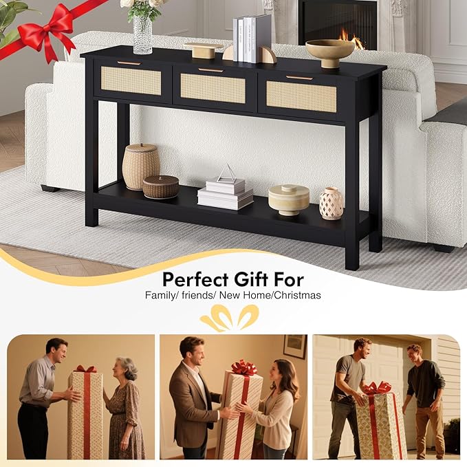 Luoxiao Entryway Table with 3 Rattan Drawers, 47" Narrow Console Table with Storage Shelf, Modern Black Sofa Table for Living Room Hallway Foyer, Slim Entry Way Cabinet, Anti-Tip, Easy Assembly