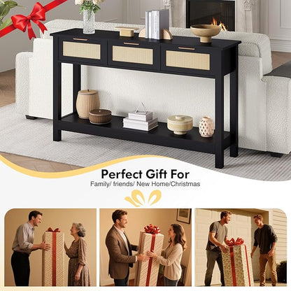 Luoxiao Entryway Table with 3 Rattan Drawers, 47" Narrow Console Table with Storage Shelf, Modern Black Sofa Table for Living Room Hallway Foyer, Slim Entry Way Cabinet, Anti-Tip, Easy Assembly