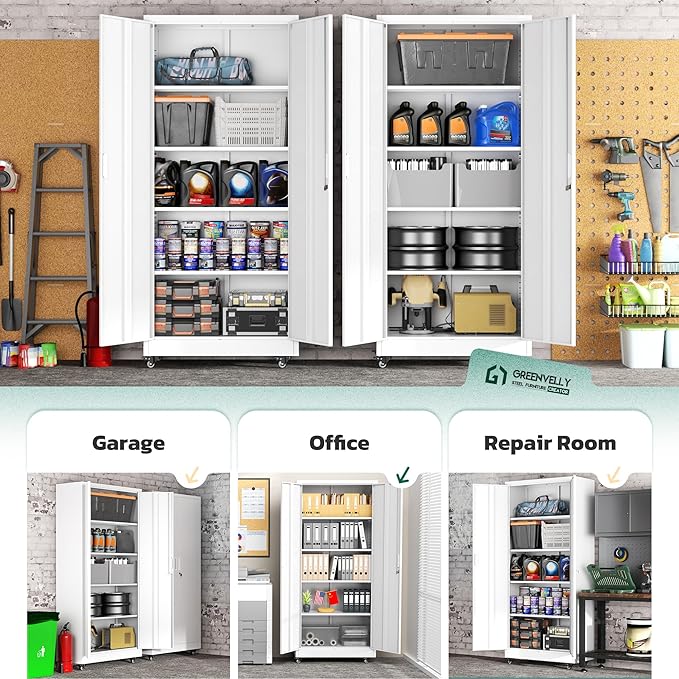 Greenvelly 73" Storage Cabinet with Wheels,Metal Rolling Garage Cabinet with Locking Doors and 4 Adjustable Shelves for Home,Kitchen,Office,Warehouse(32" W x 16" D, White)