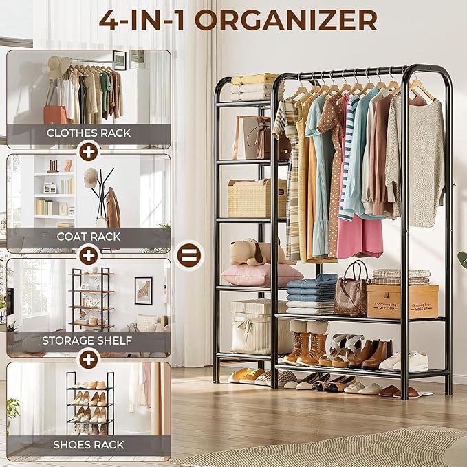 Heavy Duty Clothes Rack with 5 Tiers Shelves, Max Load 670LBS, Portable Freestanding Multi-Functional Metal Clothing Rack with Hanging Rods Organizer System for Bedroom Closet Wardrobe, Black