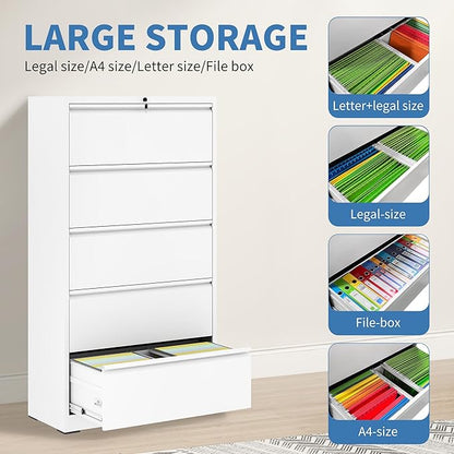 5 Drawer Metal Office Storage Filing Cabinet with Lock, White Lateral File Cabinet for Home Office, Horizontal Locking for Legal/Letter/A4, Assembly Required