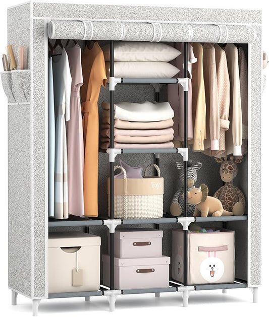 VTRIN Portable Closet Wardrobe for Hanging Clothes with 2 Hanging Rods and 8 Storage Organizer Shelves,Free Standing Clothes Rack with Cover Sturdy Large Wardrobe Closet for Bedroom,Printing