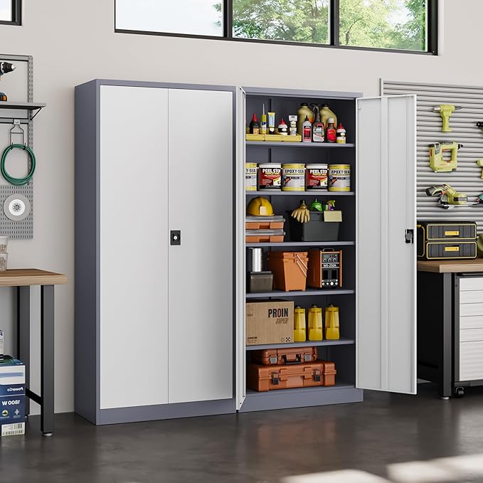 Yizosh Metal Garage Storage Cabinet with Lock, 71" Locking Tool Cabinet with 2 Doors and 5 Shelves, Tall Steel Cabinet for Garage, Heavy Duty File Cabinet for Office, School (Gray White)