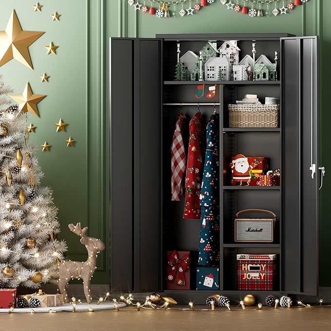 INTERGREAT Metal Wardrobe Closet, 72" H Metal Storage Armoires Cabinet with Lockable Doors and Hanging Rod, Armoire Wardrobe Closet with 4 Adjustable Shelves for Home Office, Warehouse, Garage, Black