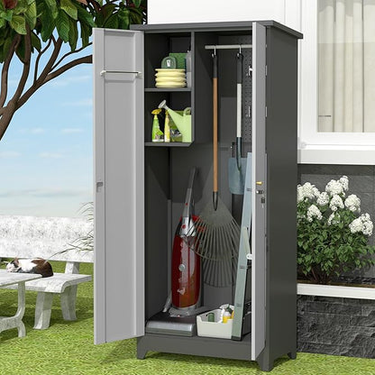 73''H Metal Outdoor Storage Cabinet, Garage Storage Cabinets with Shelves & Lockable Doors, Broom Cabinets for Cleaning Supplies, Waterproof Storage Shed for Garden, Porch（15.4" D x 31.5" W ）