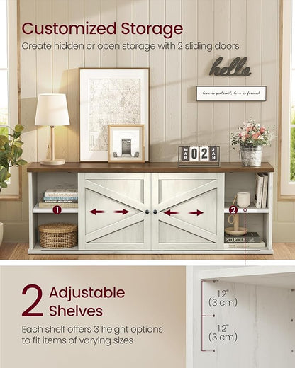 VASAGLE Farmhouse TV Stand for TVs up to 80 Inches, Entertainment Center with Storage Cabinets and Sliding Barn Doors, Media Console Table for Living Room, Rustic White and Honey Brown ULTV537W01