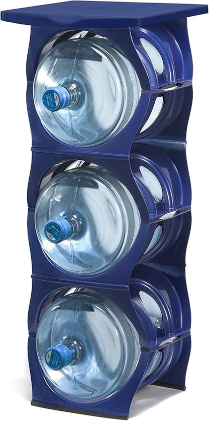 Bariboo Stackable Water Bottle Storage Rack Best Water Jugs 5 Gallon Organizer. Jug Holder for Kitchen, Cabinet and Office Organizing. Reinforced Polypropylene (Blue, 3 Plus Shelf)