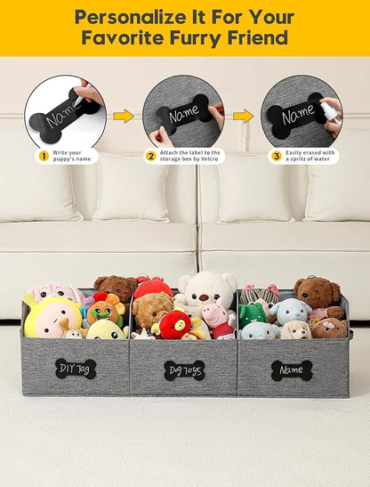 Qozary Large Dog Toy Basket with Diy Tag - Collapsible Dog Toy Bin, Fabric Personalized Storage Box, Trapezoid Storage and Organizer for Pet Supplies (Gray, Extra Large 47"x13.4")