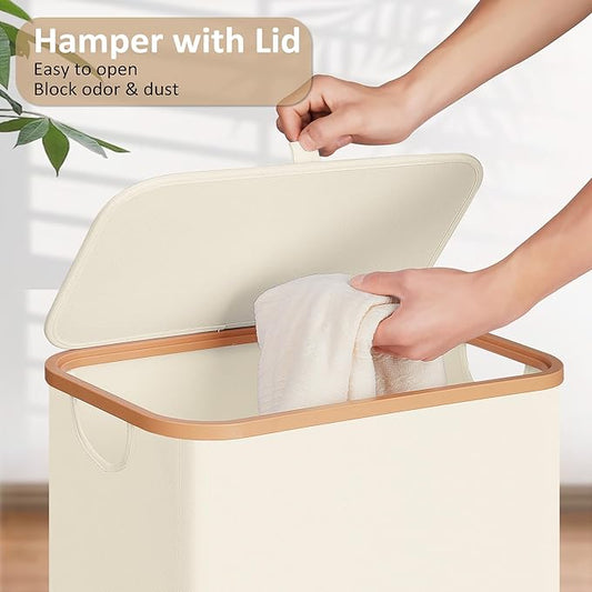 Slim Laundry Basket with Lid, Narrow Dirty Clothes Hampers for Laundry with Handle, Skinny Laundry Bin for Laundry Room, Dorm, Bedroom and Bathroom, 19.8 Gallon (75L) Beige