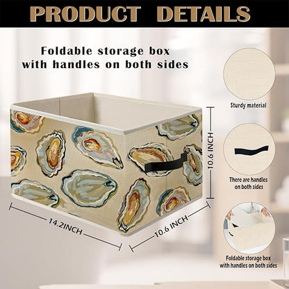 Coastal Beach Ocean Oyster Storage Bin Box with Handles, Marine Biology Oyster Shell Beachy Foldable Organizer Basket Toybox for Beach House Bedroom Bathroom Clothes Toys Books