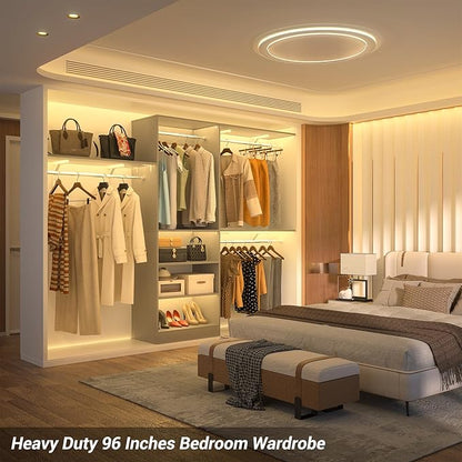 Armocity 96'' Closet System, 8FT Walk In Closet Organizer with 3 Shelving Towers, Heavy Duty Bedroom Wardrobe with 5 Shelves, Wall Mounted Clothes Rack (Can Be Cut To Fit), 96"L x 16"W x 75"H, Grey