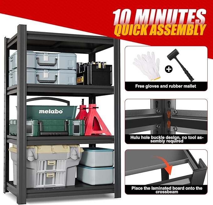 32"W Metal Garage Shelving Unit, Heavy Duty Adjustable Storage Rack, Steel Shelving, Industrial Metal Shelves for Heavy Tools and Equipment, Ideal for Garage, Basement, Kitchen 4-Tier 44"Hx32"Wx14"D