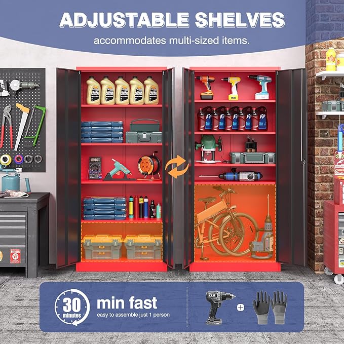 Metal Garage Cabinet,71" Lockable Storage Cabinet with 2 Doors and 5 Adjustable Shelves,Tall Steel Cabinets for Garage,Home Office,Basement,School,Hospital(Black & Red)