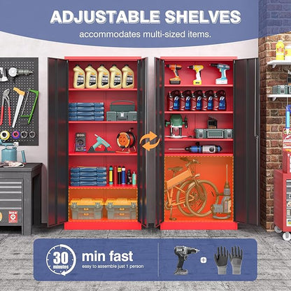 Metal Garage Cabinet,71" Lockable Storage Cabinet with 2 Doors and 5 Adjustable Shelves,Tall Steel Cabinets for Garage,Home Office,Basement,School,Hospital(Black & Red)