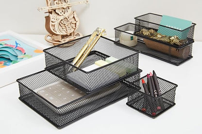Annova Mesh Stackable Drawer Cabinet and Shelf Organizer Bins Storage Basket School Office Supply Holder Tray- Set of 2 (Black, 3x3x2 Inch)