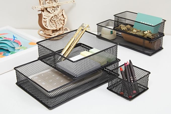 Annova Mesh Stackable Drawer Cabinet and Shelf Organizer Bins Storage Basket School Office Supply Holder Tray- Set of 2 (Black, 6x9x2 Inch)