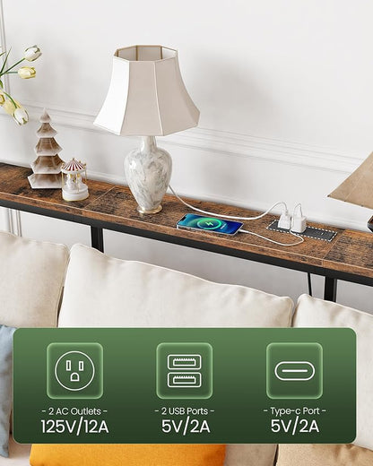 70.9" Console Table with Charging Station, Narrow Long Behind Couch Table, with 2 AC Outlets, 1 USB-A Port and 1 Type-C Port Rustic Brown and Black TXG28UBF