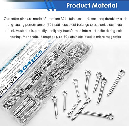 304Pcs Cotter Pins 24-Sizes 304 Stainless Steel Cotter Pins Assortment Kit Used for Hitch Lock System, Trucks, Engine Repair
