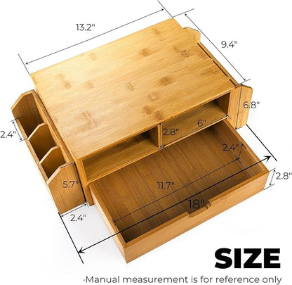 Hiceeden 2 Tier Bamboo Desktop Organizer, Desk Monitor Stand Riser with 1 Drawer and 2 Pen Holder, 2 Compartment Computer Desk Storage Organizer for Laptop, Printer