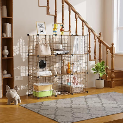 C&AHOME Wire Cube Storage, 9 - Cube Organizer Metal C Grids, Modular Shelves Units, Closet Organizer, Ideal for Home, Office, Living Room, 36.6”L x 12.4”W x 48.4”H, Brown UWCS3009R