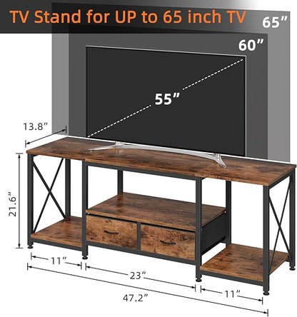 GYIIYUO TV Stand with Fabric Drawer for 50 55 Inches TV - Entertainment Center and Industrial TV Console Table with Open Storage Shelves for Living Room, Bedroom - 47" Rustic Brown