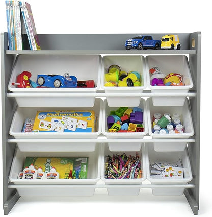 Humble Crew Toy Storage Organizer with Top Shelf and 9 Removable Bins, Grey/White – Toddler Bookshelf with Toy Organizer - Modern Toy Rack Ideal for Kids' Rooms, Playrooms, and Nurseries