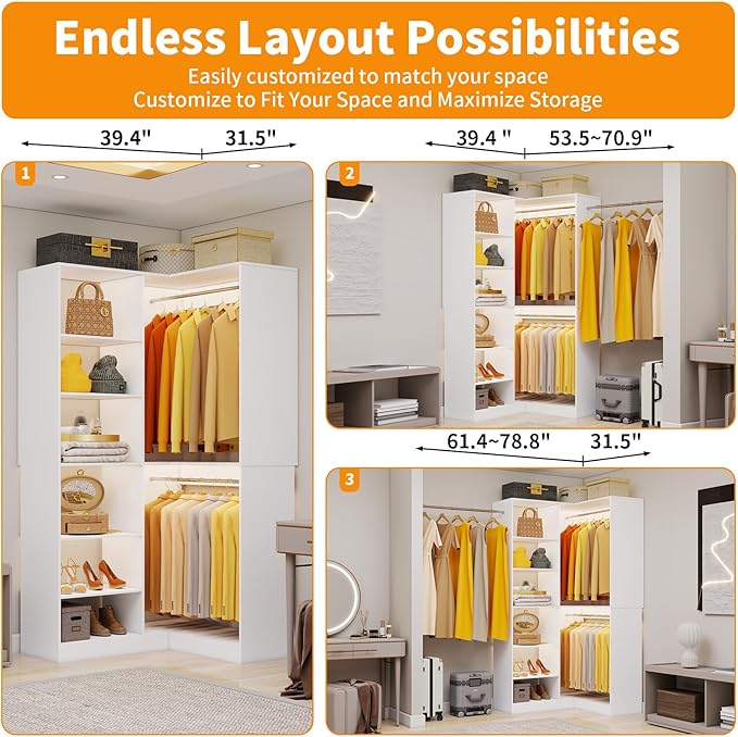 Corner Closet System with 6 Shelves, Custom 39.4"-78.8" Closet Organizer System with 3Hanging Rods, Walk in Corner Closet Organizers and Storage System, Freestanding Closet Storage System Corner,White
