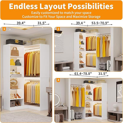 Corner Closet System with 6 Shelves, Custom 39.4"-78.8" Closet Organizer System with 3Hanging Rods, Walk in Corner Closet Organizers and Storage System, Freestanding Closet Storage System Corner,White