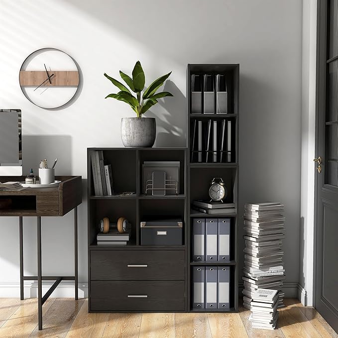 Homes: Inside + Out Apexa 4-Cube Storage Organizer Shelves, Stackable Wood Bookcase Fits Cubby Bins for Organization, Dorm Teen Room Decor & Home Office, Black