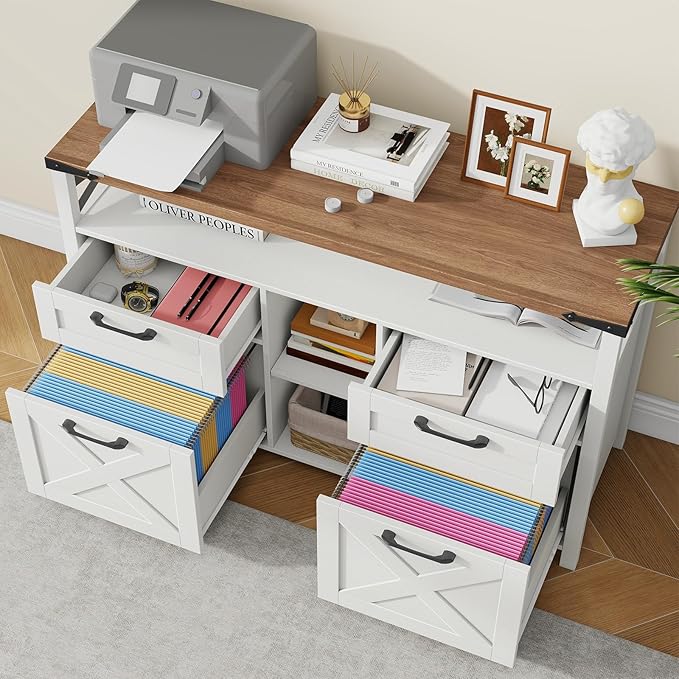 Vabches Farmhouse Filing Cabinet with Adjustable Shelf for Home Office, Lateral File Cabinets 4 Drawers with Open Storage Shelf, Filing Organization Storage Cabinets for Hanging Files Letter/A4