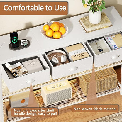 Furologee 38in Console Table with 3 Drawers, Small Sofa Table with Lights and Power Outlets, Hallway Tables with 3-Tier Shelves, White Narrow Console Table for Entryway, Living Room, Couch, Foyer