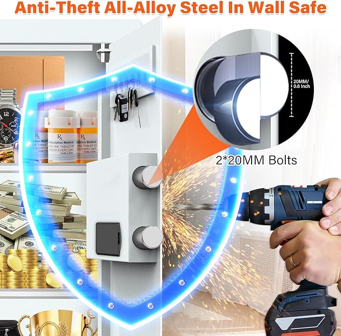 25.6" Tall Fireproof Wall Safes Between the Studs 16" Centers, Hidden Wall Safe with 2 Removable Shelf & Hidden Tray, Heavy Duty Wall Mount Safe for Money, Jewelry, Passport, Valuables(White)