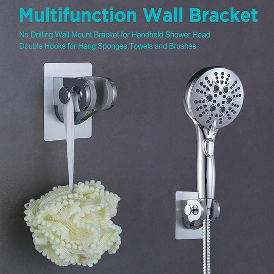 Handheld Shower Head Holder with 2 Hanger Hooks,Strong Adhesive&Waterproof No Drilling Wall Mount Shower Bracket for RV and Kids&Elders,Install Any Height&Fix Firmly