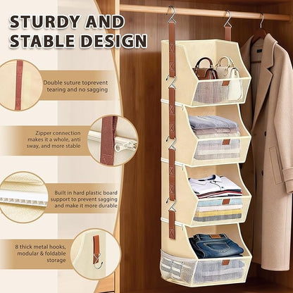 Fabric 4 Tier Hanging Closet Organizer Heavy Duty Beige Shelf Hanging Storage Towel Clothes Sweater Jeans Bag Organizer For Closet For Bedroom, Dorm, RV, See Through Front Panel, Space-Saving