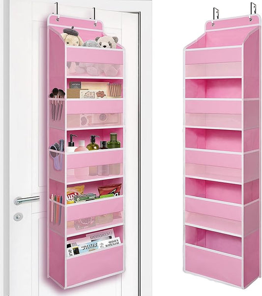 Over Door Organizer with 5 Large Pockets, Heavy Duty Hanging Organizer Storage, Closet Bathroom Nursery Bedroom Dorm, Toys Cosmetics Sundries and Baby Essentials, Pink
