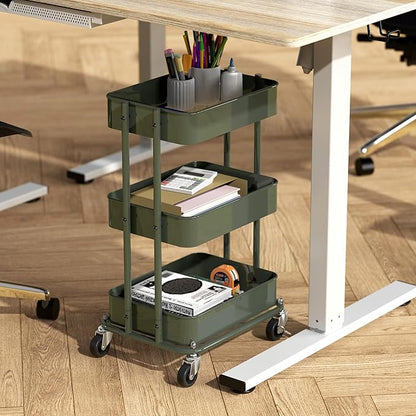 Simple Houseware 3-Tier Compact Utility Rolling Cart, Low 24” Height Fits Under Desk, Space-Saving Storage for Home Office, Dining Room, or Kitchen, Army Green