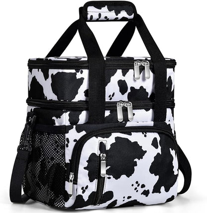 Insulated Lunch Bag for Women, Double Leakproof Lunch Box Soft Cooler Tote with 5 Pockets, 600D Oxford, EVA Lining, Adjustable Strap for Work, Picnic, Beach&Travel-Cow Print