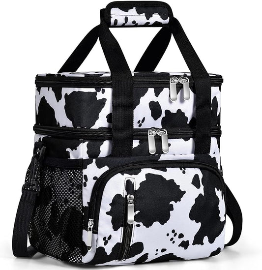 Insulated Lunch Bag for Women, Double Leakproof Lunch Box Soft Cooler Tote with 5 Pockets, 600D Oxford, EVA Lining, Adjustable Strap for Work, Picnic, Beach&Travel-Cow Print