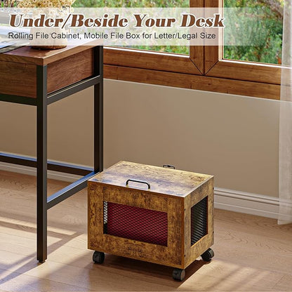 Small File Cabinet Cart Under Desk, Rolling Filing Cabinet for Home Office, Hanging File Organizer Box on Wheels, Mobile Decorative Document Storage Basket for Letter & Legal Size