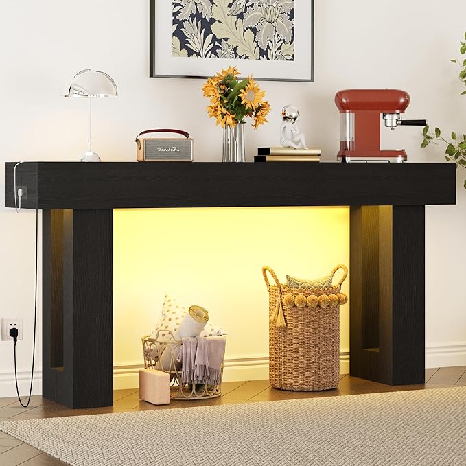 Depeht 63" Long Console Table with Power Outlet LED Lights, Wooden Farmhouse Sofa Behind Couch Table with Storage, Large Industrial Hallway Accent Furniture for Living Room, Entryway, Hallway (Black)