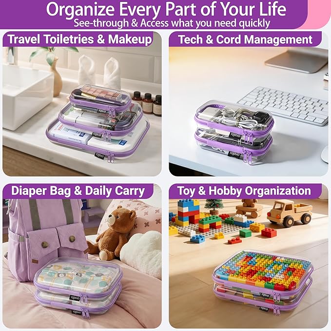 3 Pack Hard Sided Clear Zipper Case for Storage- Thickened-Grade Clear Hard Shell Zipper Case for Organizing Bead, Handicrafts, Sewing, Playdo (Purple, LMS)