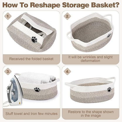 Dog Toy Basket, Toy Box and Bin for Dog Cat Storage, 13.5" X 11" X 5" Small Woven Rope Basket for Baby Storage, Closet, Living Room, White & Brown