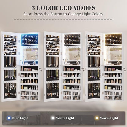 Vlsrka 47.2" LED Jewelry Mirror Cabinet, Wall/Door Mounted Jewelry Armoire Organizer with Full Length Mirror, Large Storage Hanging Cabinet, 4 Drawers, 5 Shelves (White)