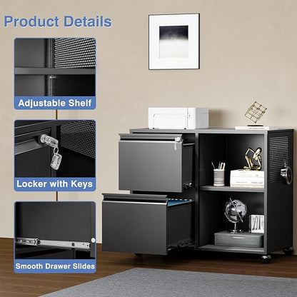 Mobile Lateral File Cabinet with Side Hook, 2 Drawer File Cabinet with Lock fits A4/Letters/Legal Size for Home Office,Metal Rolling Printer Stand with Open Storage Adjustable Shelves(Black)