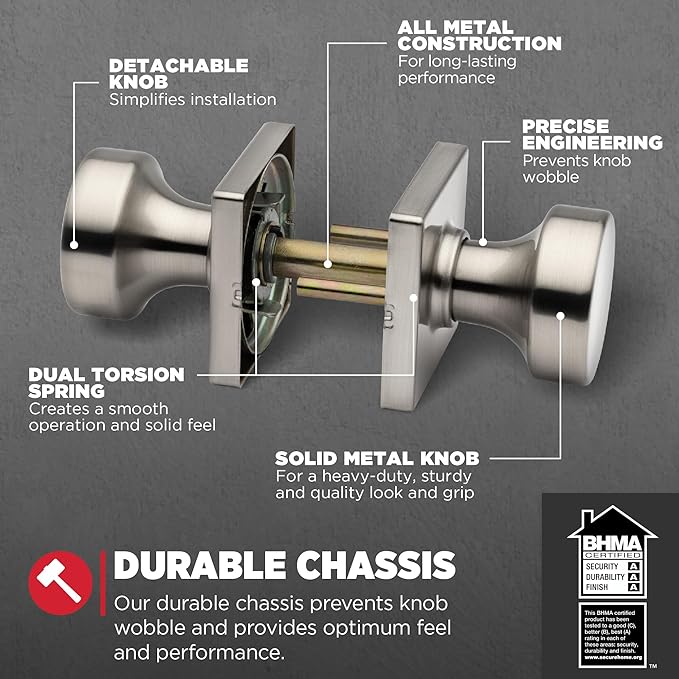 Kwikset Pismo Interior Passage Door Knob,Handle for Closet and Hallway Doors,Non-Locking Doorknob in Satin Nickel,with Microban Protection,(Pack of 10)