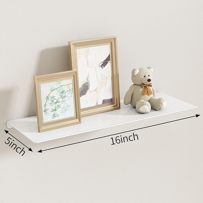 MKO 16" Floating Shelves for Wall, Metal Wall Mounted Shelf for Bathroom, Bedroom, Living Room, Kitchen, Hanging Shelves for Books/Storage/Room Decor 2 Packs, White